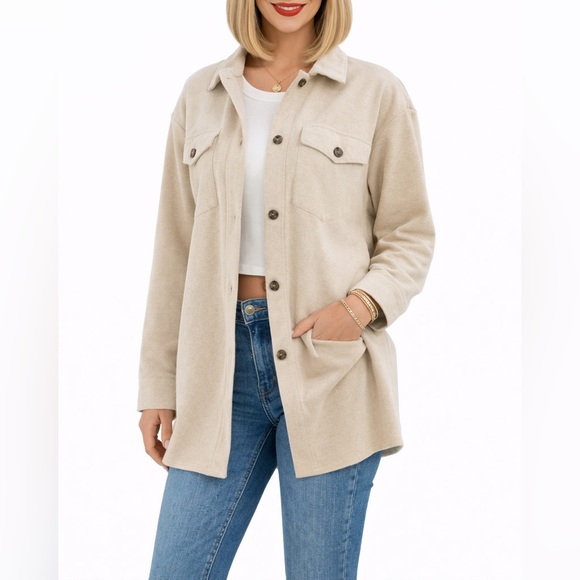 Jackets & Blazers - Beige Shacket Jacket Button Front Overshirt Long Sleeve Pockets